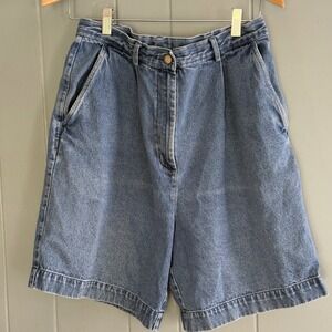 Vintage‎ British Khaki Denim Bermuda Shorts Size 12 High Waist Pleated 90s Style